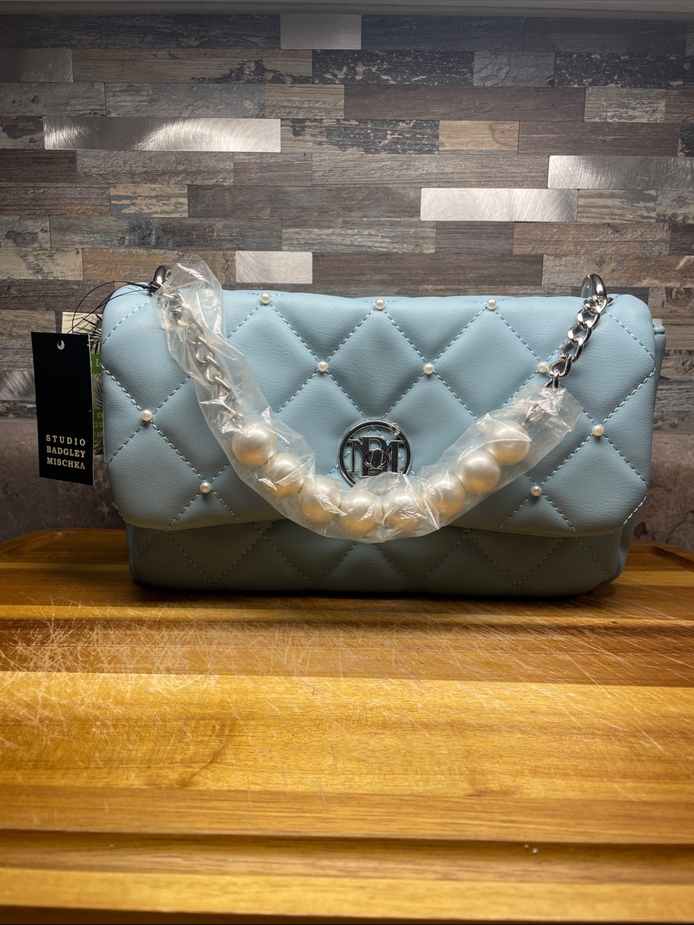 Badgley Mischka Light Blue Quilted Pearl Handle Shoulder Bag Coquette